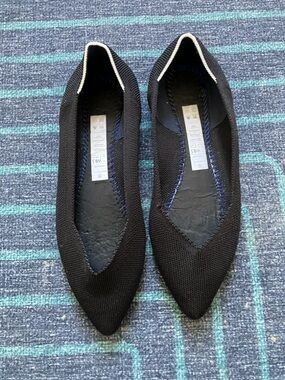 Rothy's Black Pointed Knit Flats with Ivory Trim - Women
